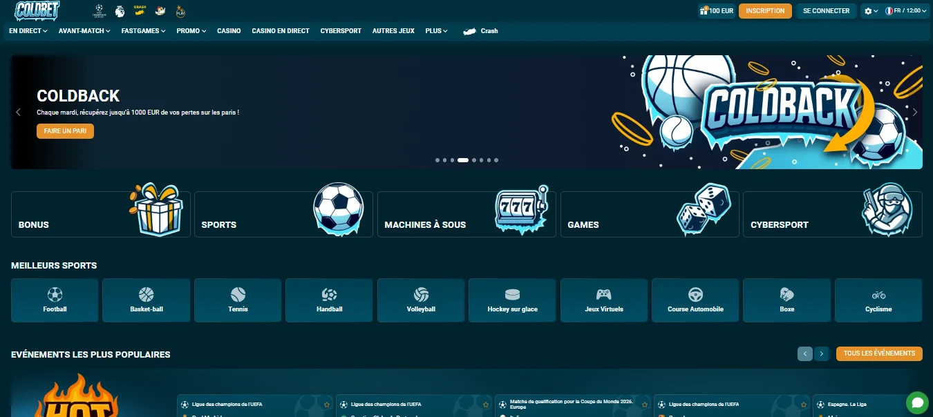 Page d'accueil du site officiel Coldbet avec les catégories principales